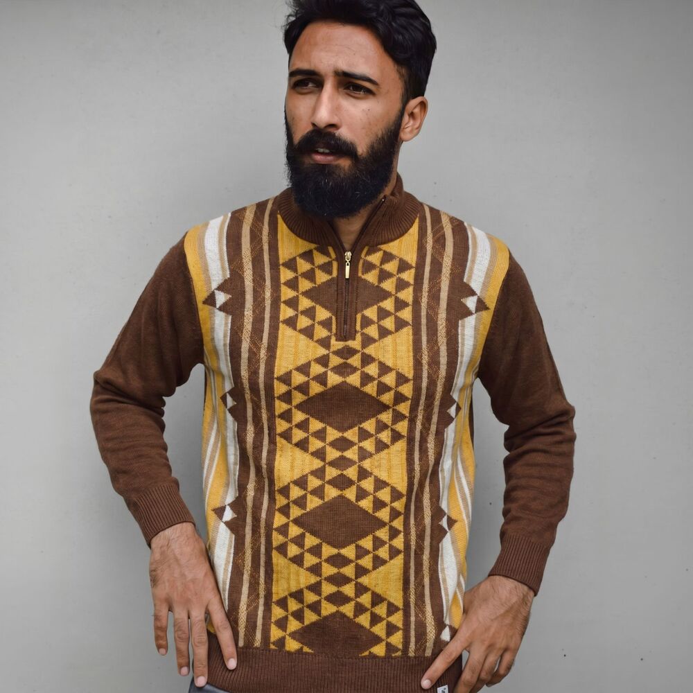 Stacy Adams Sweater Mens Medium Quarter Zip Geometric Aztec Knit Brown Retro